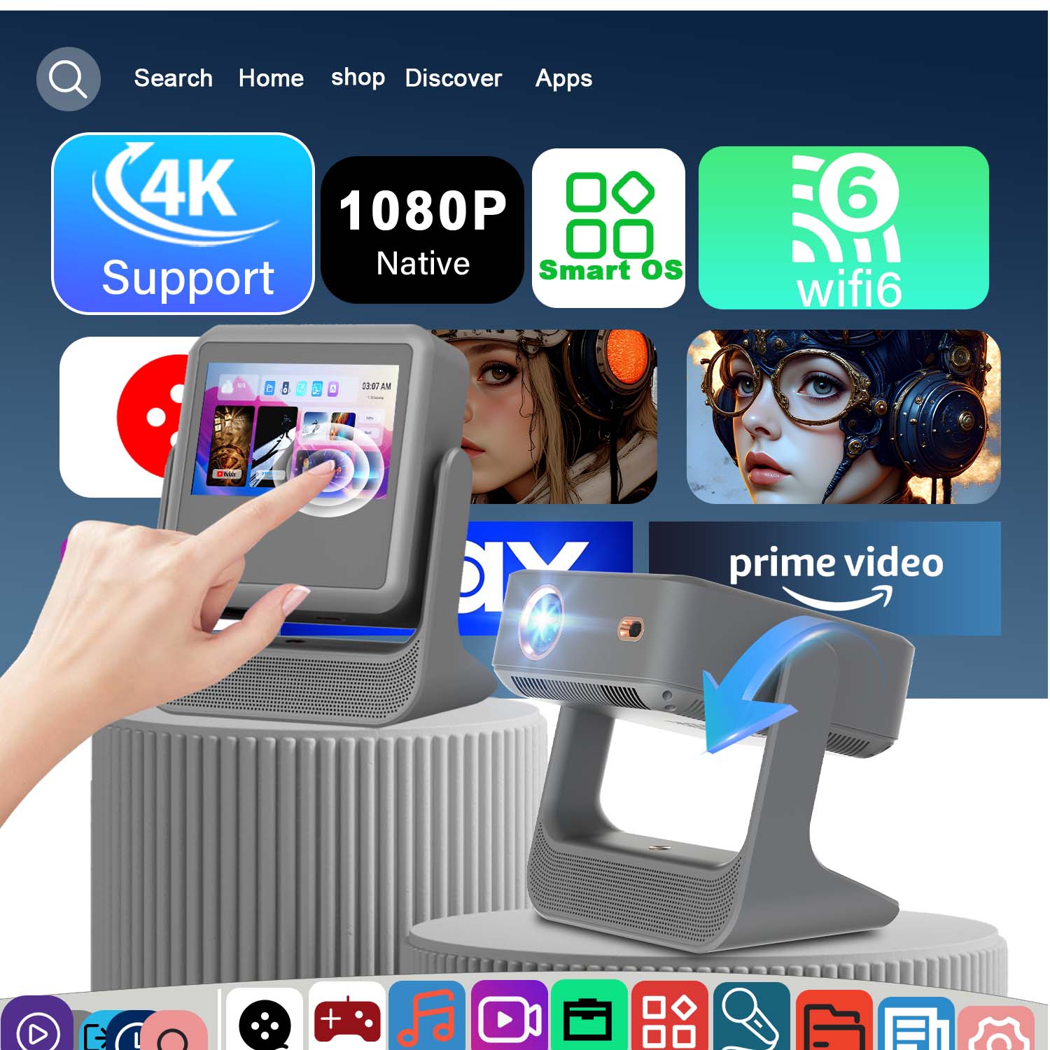 Home Cinema Kids - Intelligenter 7-Zoll-Touch-Projektor 4K Autofokus HDMI USB