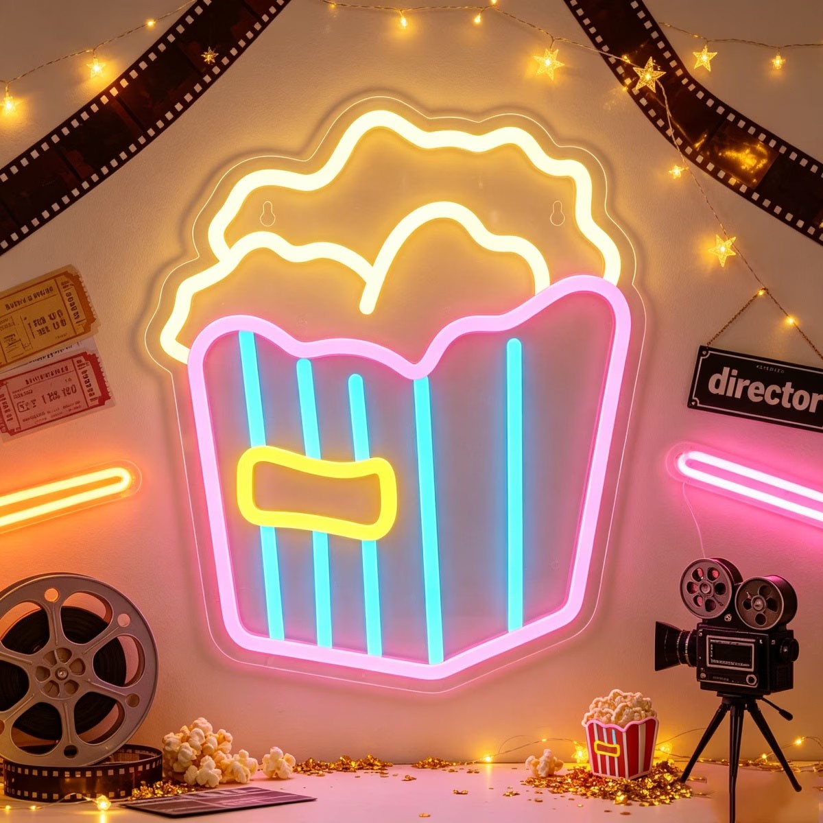 Home Cinema Wall Lights - Buntes Popcorn-Neonschild LED-Wandleuchte Heimkino Snack-Shop Fenster-Kunst